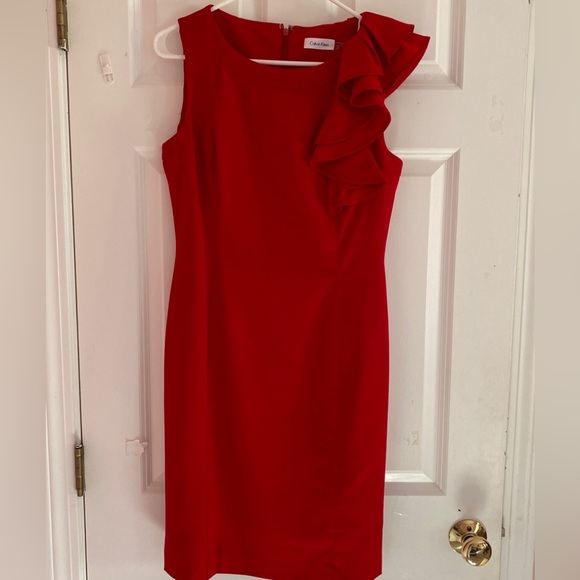 Calvin Klein Red Ruffle Dress Size 6 - Picture 1 of 7
